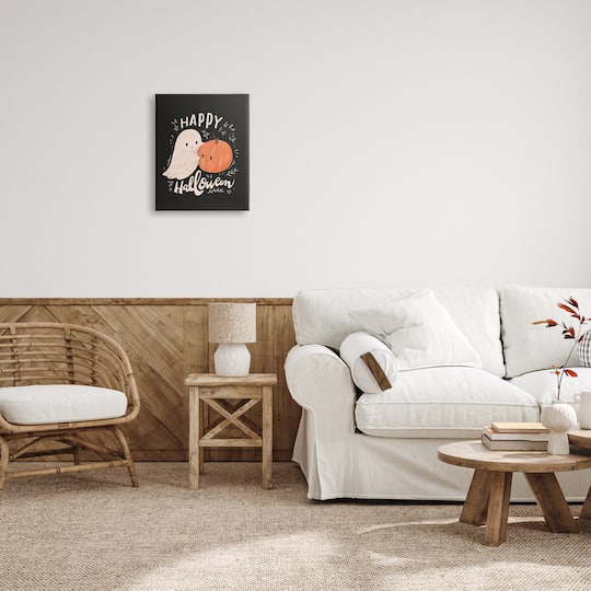 Stupell Industries Happy Halloween Smiling Ghost Pumpkin Canvas Wall Art